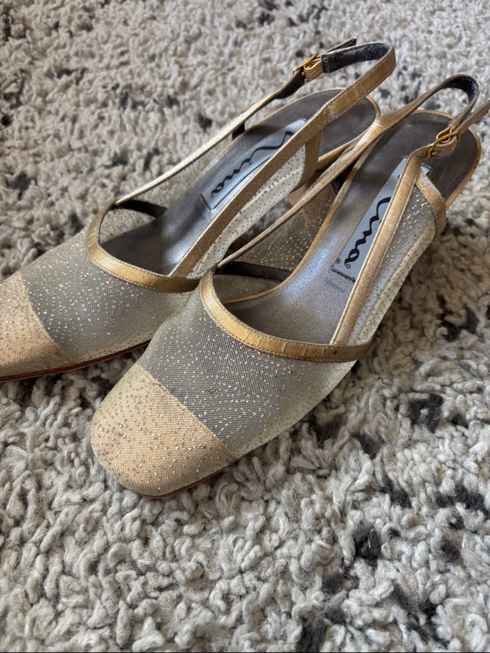 Nina Gold and Beige Slingback Heels with Sparkle Trim